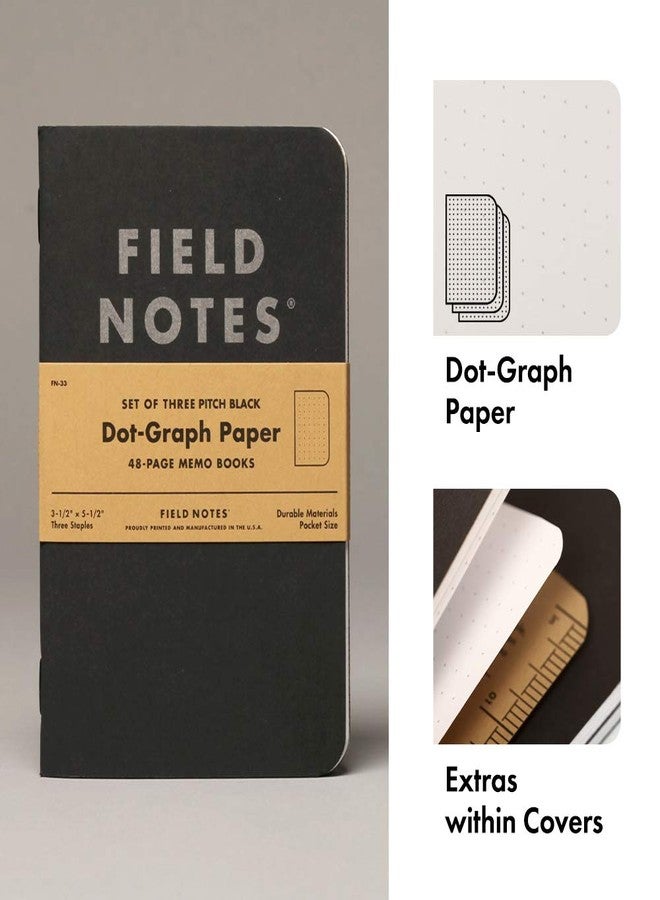 Field Notes 3-Pack Pitch Black Memo Books (3.5" X 5.5"), Dot-Graph, 48 Pages | Thin Pocket Sized EDC Notebook With 90 GSM Paper & Paperback Cover | Work Notebooks For Note Taking | Made in the USA - Image 2